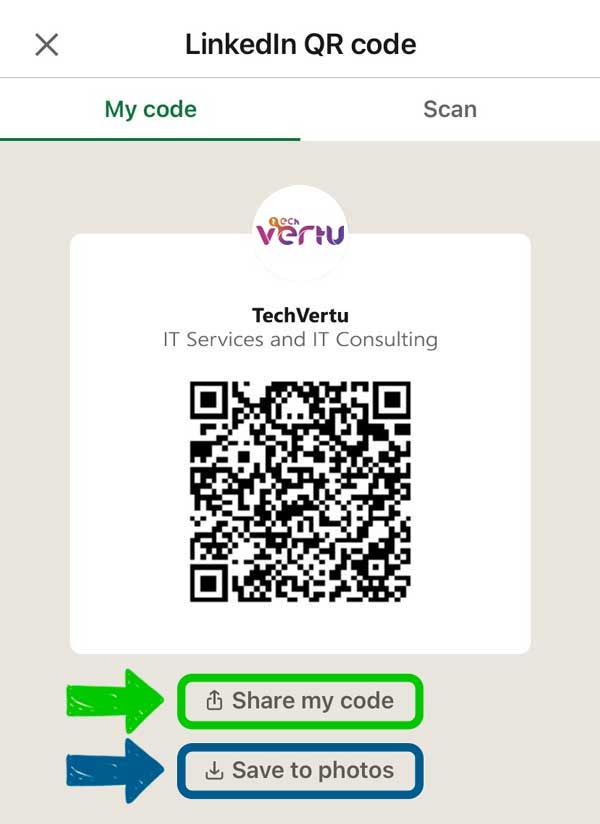 Share Linkedin Qr Code Activating LinkedIn QR Code Step 3 share my code and Add to Photos (iOS) and Add to Gallery (Android)