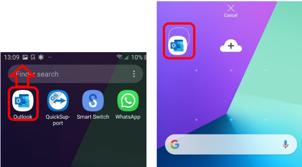 Drag Outlook App into Main Screen on Android