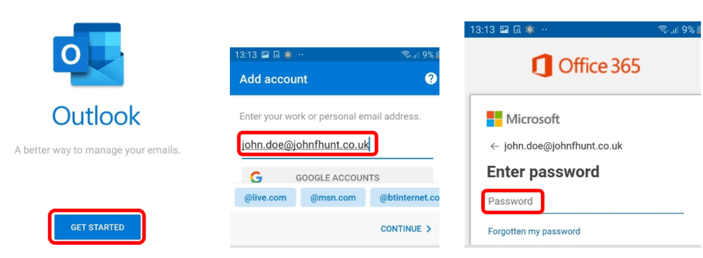 Enter Email Address and Password in Outlook Android App