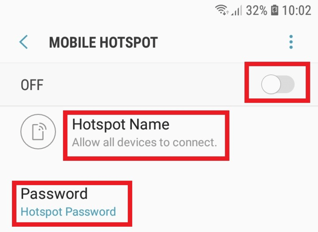Screenshot of Hotspot Name and Password and Turning on Hotspot in Android Setting