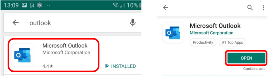 Microsoft Outlook App in Play Store