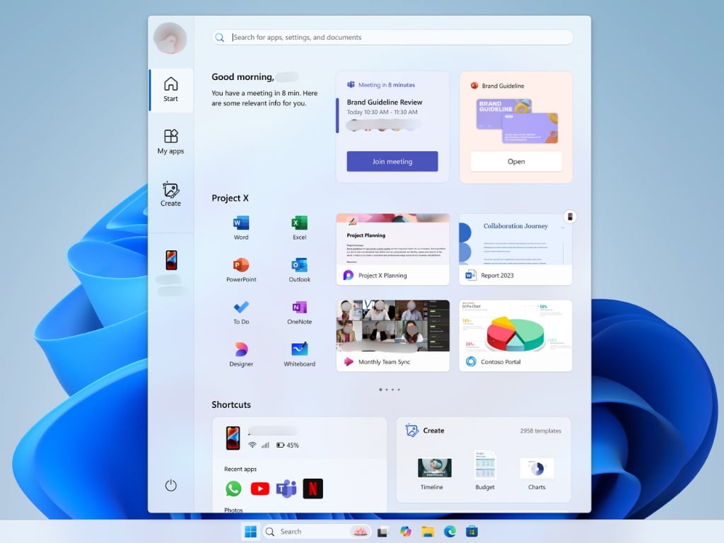 Windows 11 start menu and widgets