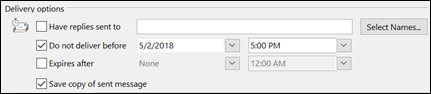 Classic Outlook delivery options with Do not deliver before selected beside the date and time fields.
