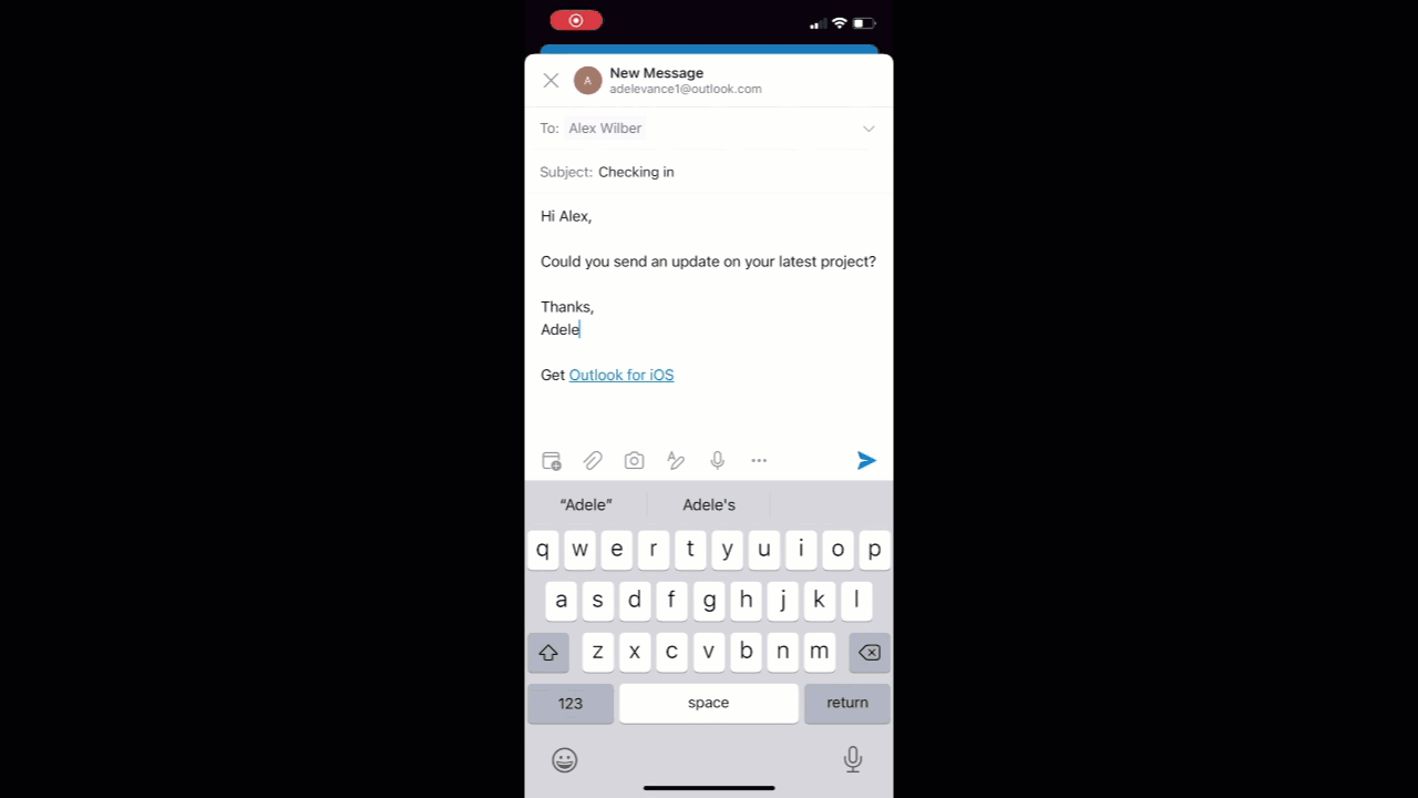 Outlook for iOS walkthrough showing Schedule Send time choices and the scheduled message in Drafts.