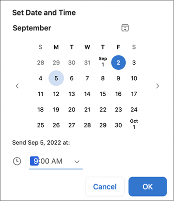 Outlook for Mac Set Date and Time window with a calendar, time field and OK button.