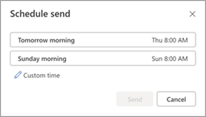 Outlook Schedule send window with suggested morning times and a Custom time option.