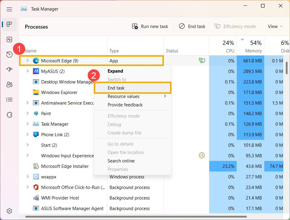 Windows 11 Task Manager with Microsoft Edge selected and End task highlighted