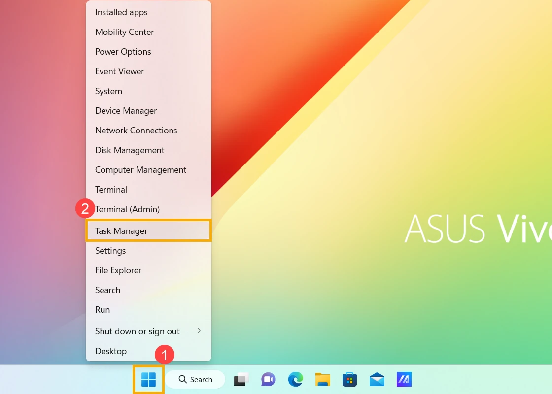 Windows 11 Start context menu with Task Manager highlighted