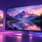 Purple desktop monitor showing a mountain lake image, with floating photo layers and colour controls