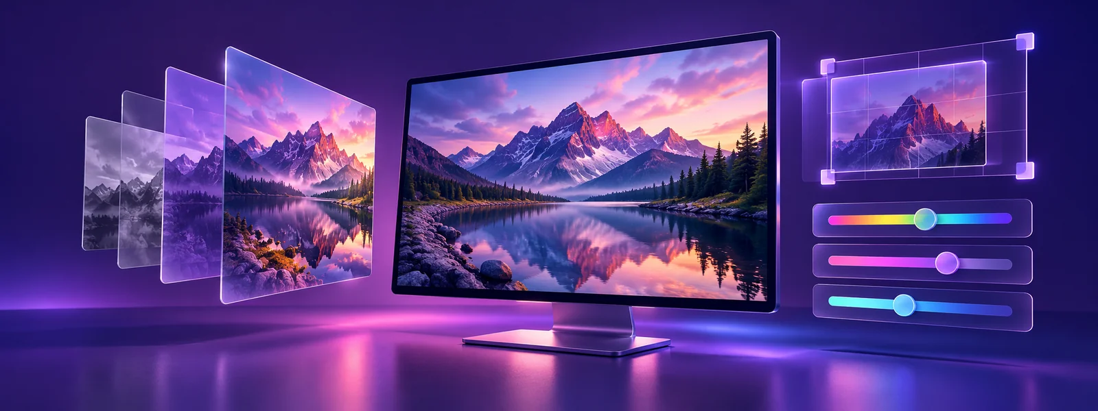 Purple desktop monitor showing a mountain lake image, with floating photo layers and colour controls
