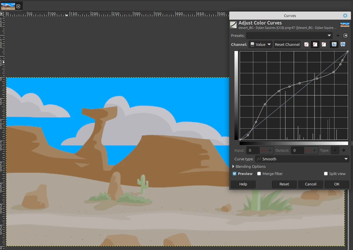 GIMP Curves dialog with a loaded tonal curve over a desert illustration
