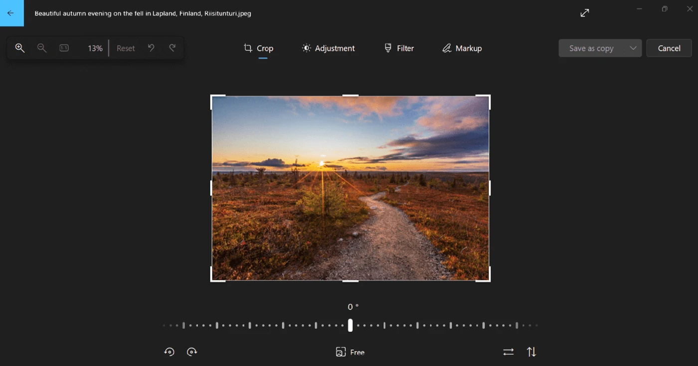 Microsoft Photos showing crop handles, editing tabs and Save as copy