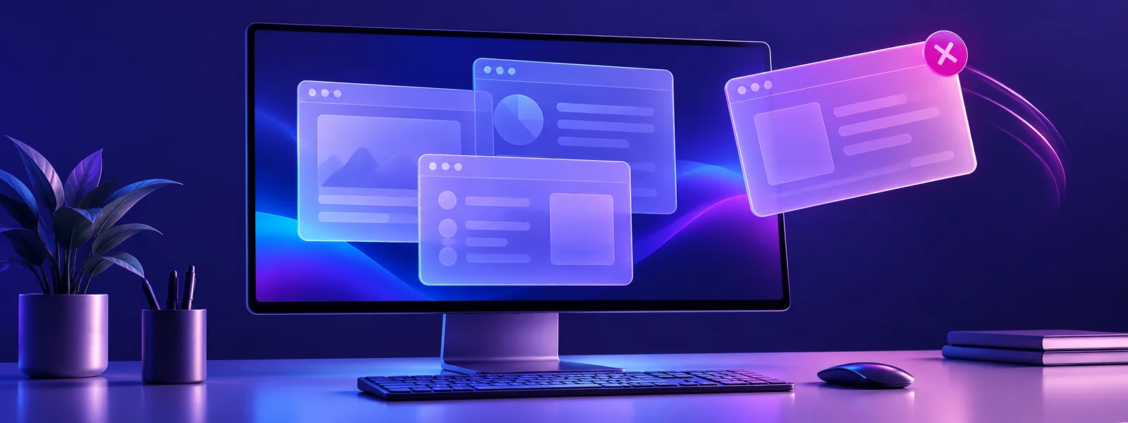 Purple desktop monitor with floating application cards and a magenta close symbol