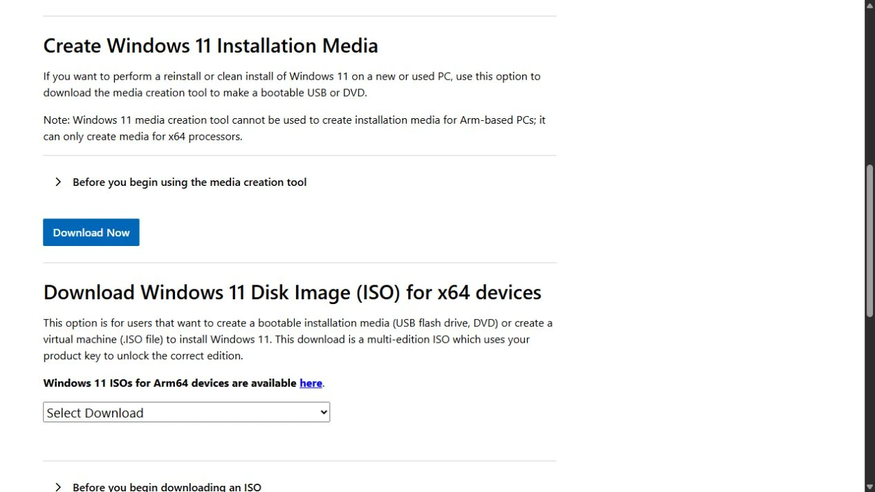 Microsoft's Windows 11 download page showing the Media Creation Tool download button, x64-only notice and separate ISO option.