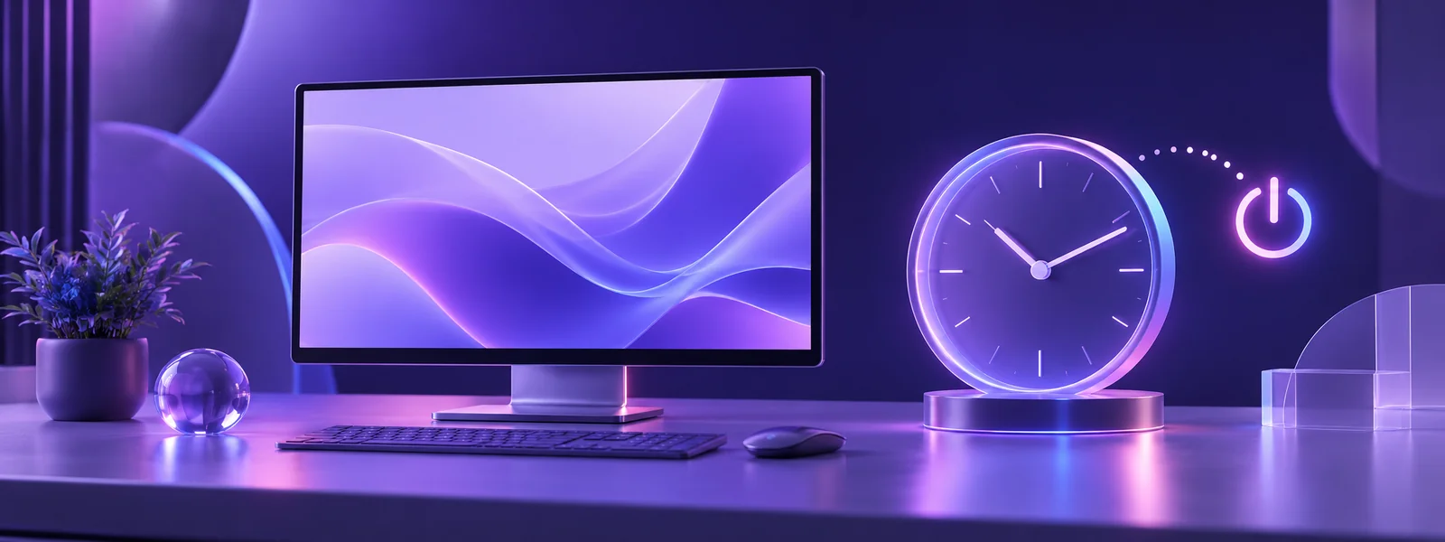 Purple desktop computer beside a glowing clock and power symbol, illustrating a scheduled shutdown
