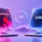 Illustration of Snapdragon and Intel processor tiles above laptops in a lavender and magenta technology scene