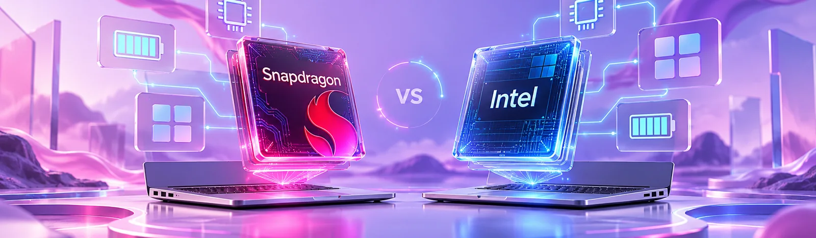 Illustration of Snapdragon and Intel processor tiles above laptops in a lavender and magenta technology scene