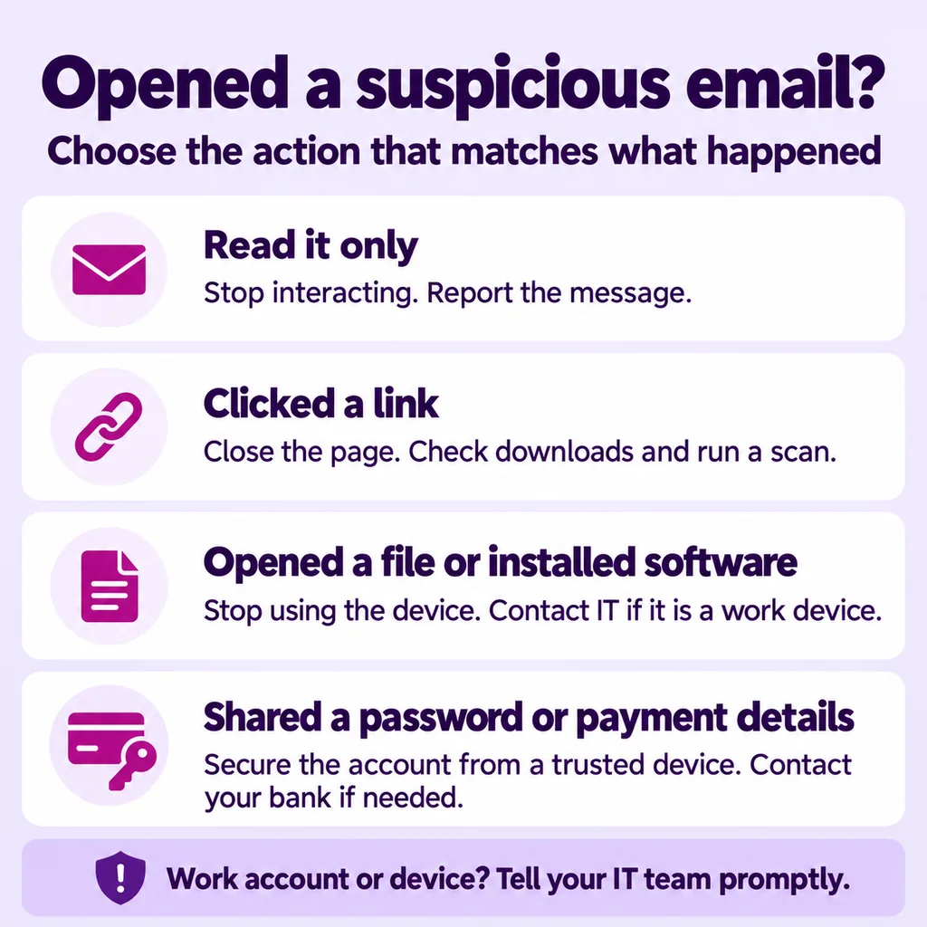 Response checklist for reading a suspicious email, clicking a link, opening a file or sharing passwords and payment details.