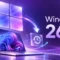 Conceptual Windows 11 26H2 illustration with a laptop, translucent Windows tile, update arc and recovery symbols in violet and magenta.
