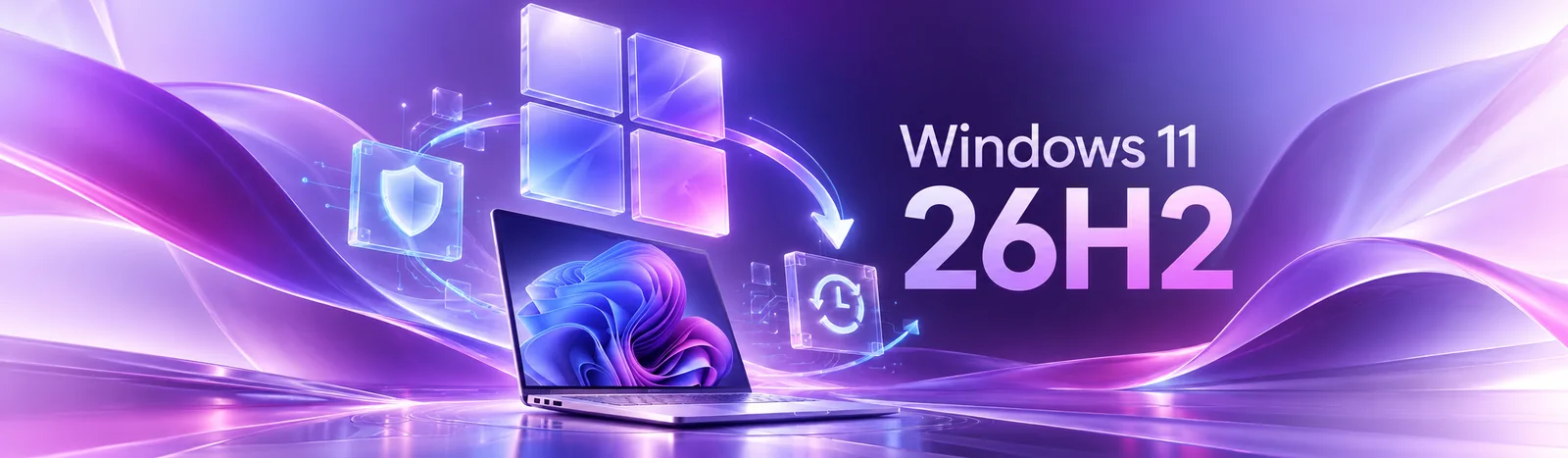 Conceptual Windows 11 26H2 illustration with a laptop, translucent Windows tile, update arc and recovery symbols in violet and magenta.