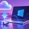 Conceptual illustration of a Windows laptop, USB drive and download arrow in purple and magenta.