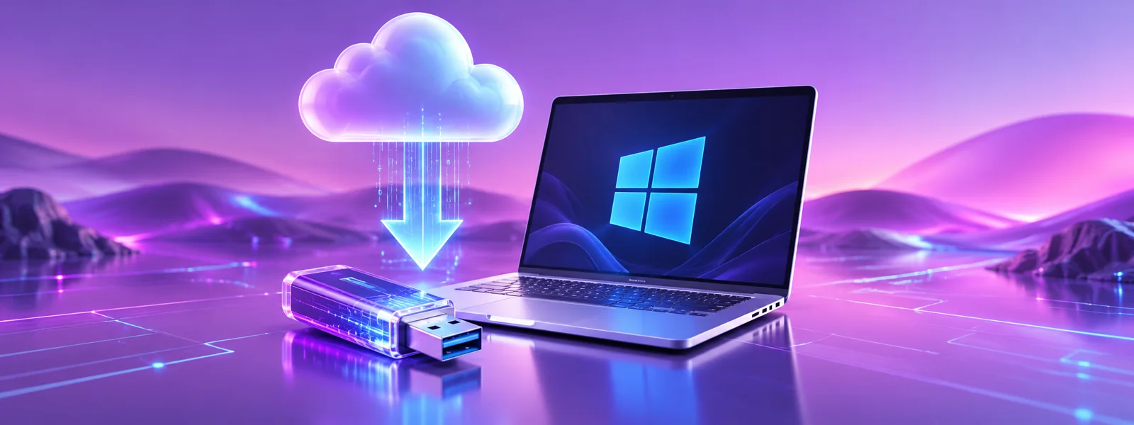 Conceptual illustration of a Windows laptop, USB drive and download arrow in purple and magenta.