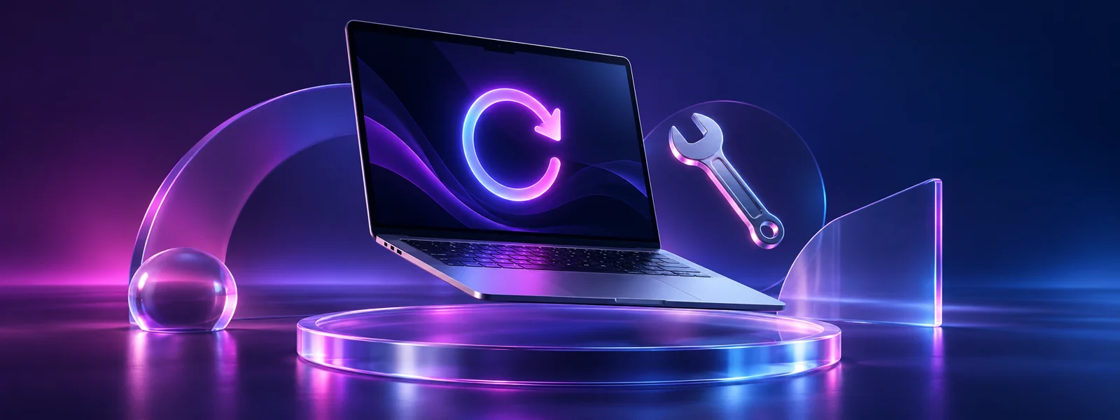 Conceptual purple laptop illustration with restart arrow and diagnostic wrench for Windows 11 Safe Mode