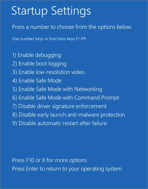 Windows Startup Settings list with option 4 Safe Mode, option 5 Networking and option 6 Command Prompt