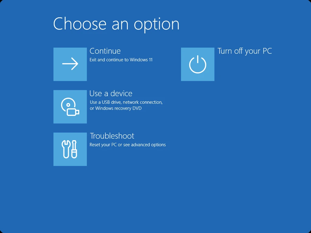 Windows recovery Choose an option screen showing the Troubleshoot option