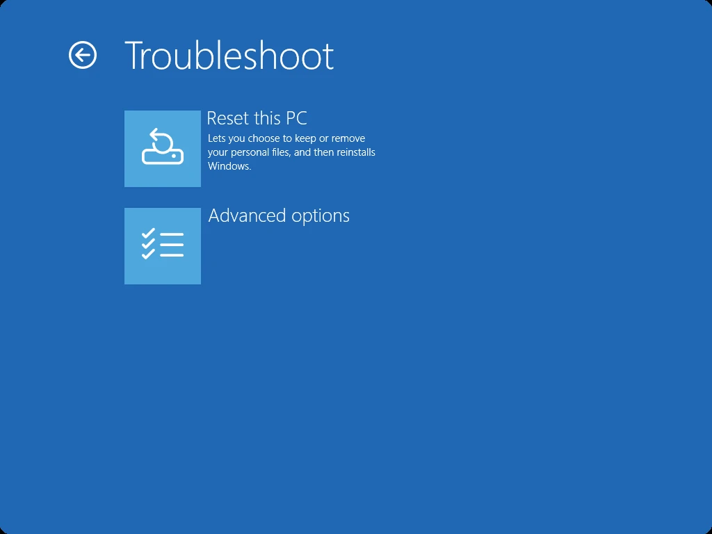 Windows recovery Troubleshoot screen with Advanced options beneath Reset this PC