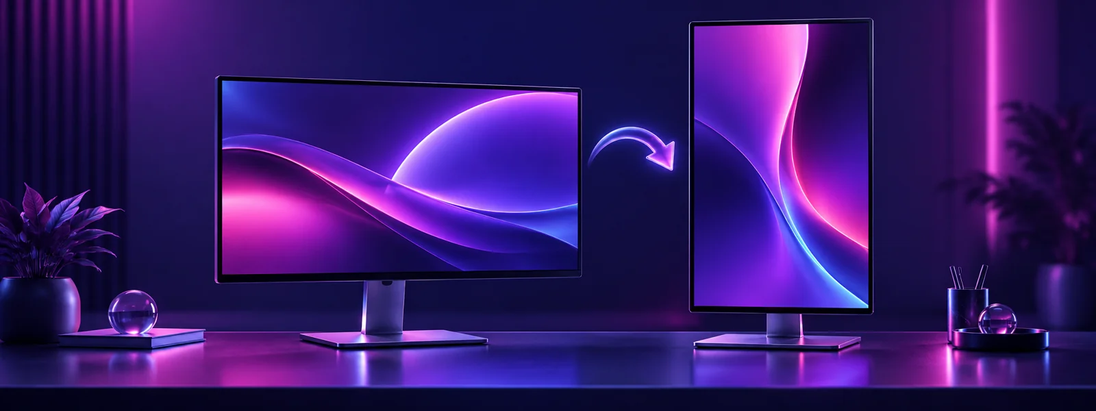 Conceptual purple illustration of landscape and portrait monitors with a screen rotation arrow