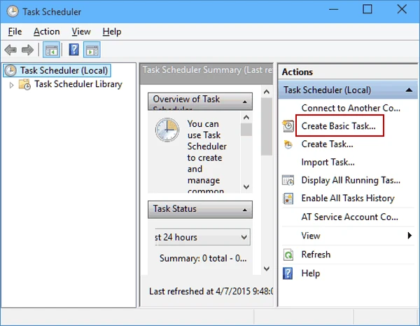 Task Scheduler Actions pane with Create Basic Task highlighted