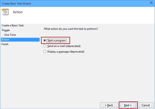 Create Basic Task Wizard with Start a program selected