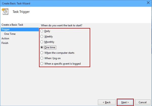 Create Basic Task Wizard showing Daily, Weekly and One time trigger choices