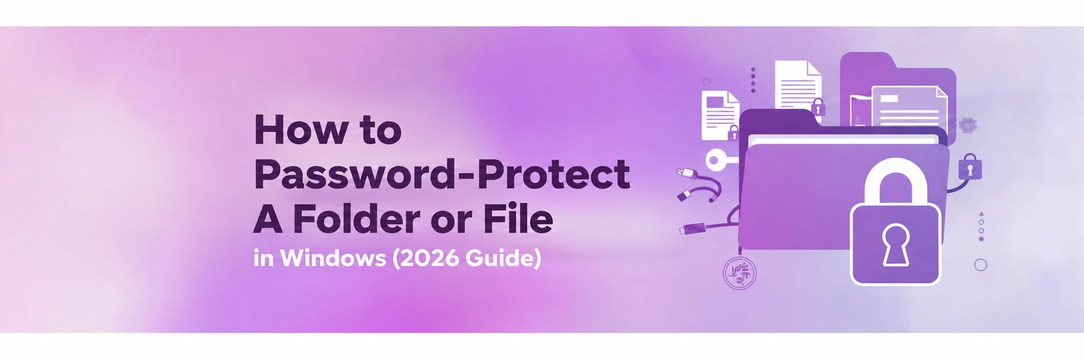 Illustration of Windows folders and files secured with a padlock, labelled 2026 guide